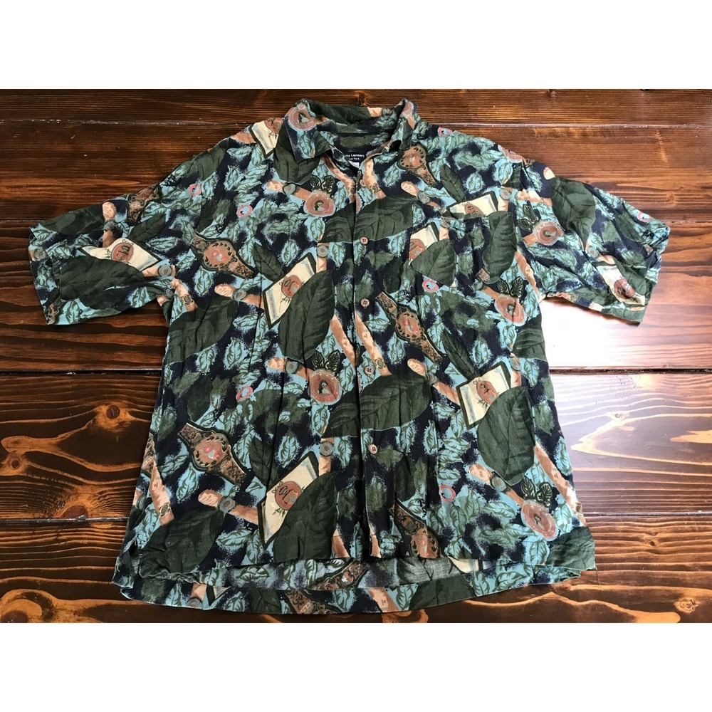 Tony Lambert NY Shirt Men's Size Large Green Tan Leaves Button Up Short Sleeve
